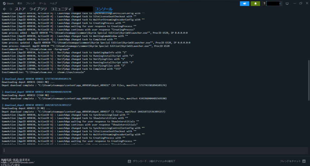 Steamのコンソール画面